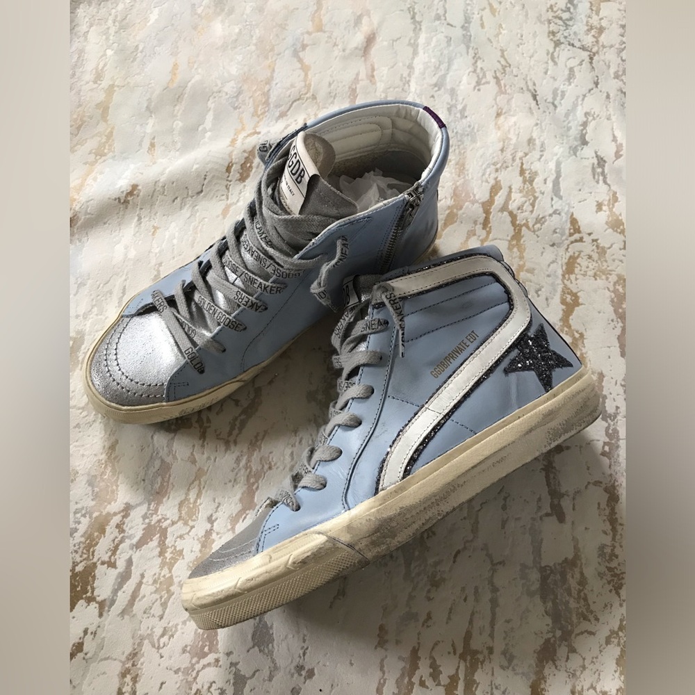 🏇Golden Goose Distressed Light Blue & Silver Hi-Top Sneakers - Picture 13 of 13